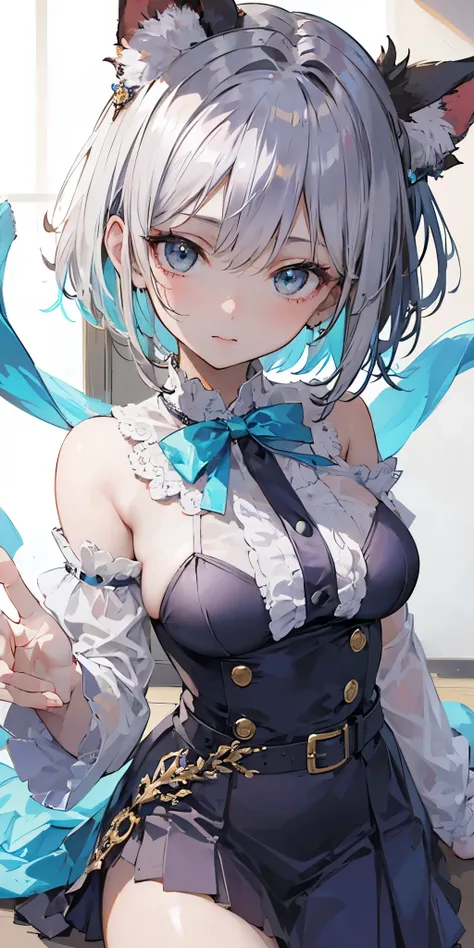 "A cute anime-style girl with short silver hair and beautiful aqua blue eyes, playfully winking. The image should capture her youthful and lively essence, highlighting the unique color of her eyes and the playful style of her hair. The resolution should be...