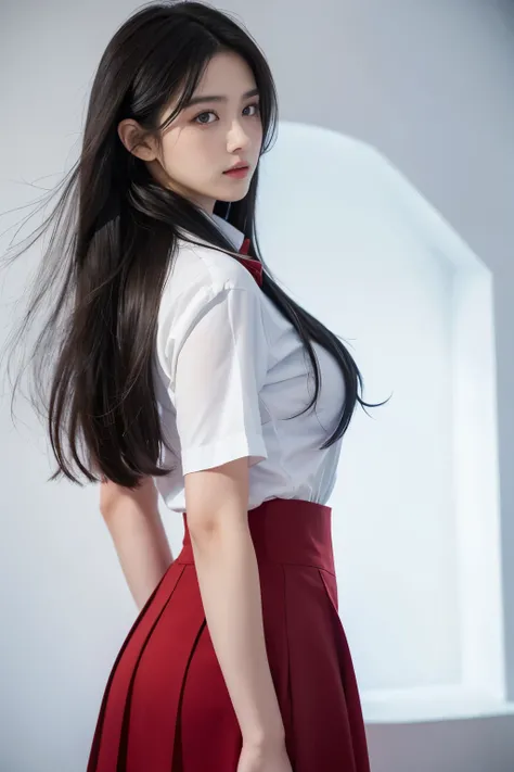 1 girl with giant breasts, big girl, Masterpiece, best quality best, High quality, 8.9_Mary, black hair, blue eyes, long hair, hair between the eyes, school uniforms, red skirt, Big butt, long hairมาก, Cow Boy Shooting, white light border