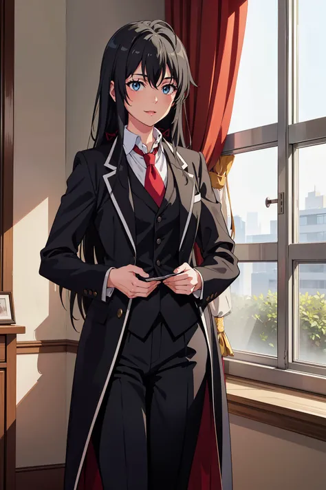 yukinoshita yukino ,woman in formal attractive tailcoat standing in a large alcove in the room , 1girl, solo, blue necktie, blac...