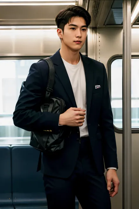 1人，A 20-year-old man in the subway，Standing in a subway car，Ultra-flat head，Wearing a suit and pants，huge bulge,  leg apart，musculous，Handsome，Look at your phone，Wear AirPods，Wear an Apple Watch， backpack，white short socks，White sneakers，pervert smirk，exhi...