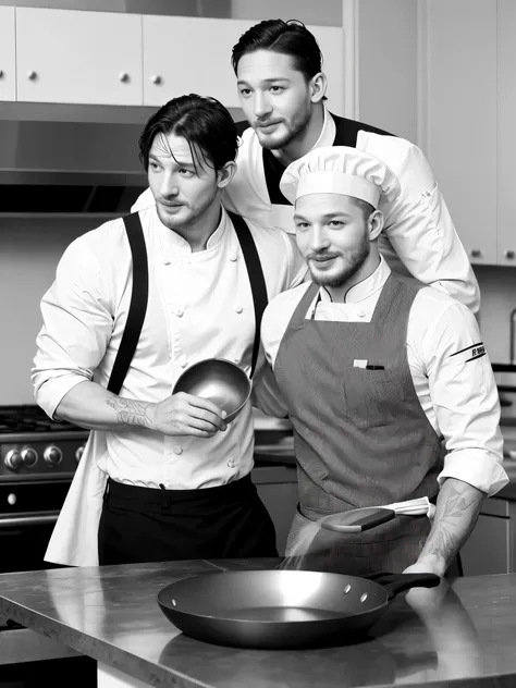 (black and white photo shoot), (michelin chef actor tom hardy is stir frying), tom hardy (carrying a super large frying pan: 1.3...