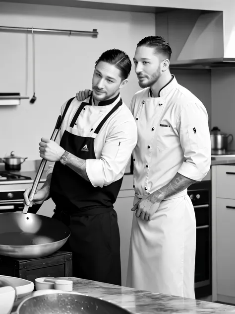 (black and white photo shoot), (michelin chef actor tom hardy is stir frying), tom hardy (carrying a super large frying pan: 1.3...