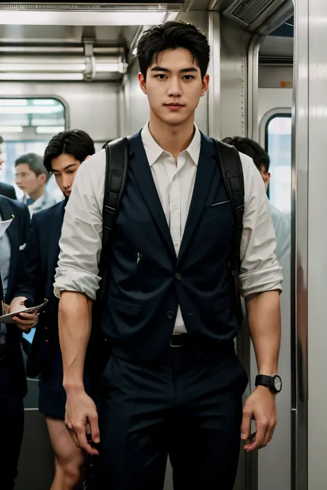 1人，A 20-year-old man in the subway，Standing in a subway car，Ultra-flat head，Wearing a suit and pants，huge bulge,  leg apart，musculous，Handsome，Look at your phone，Wear AirPods，Wear an Apple Watch，Sport backpack，white short socks，White sneakers，pervert smirk...