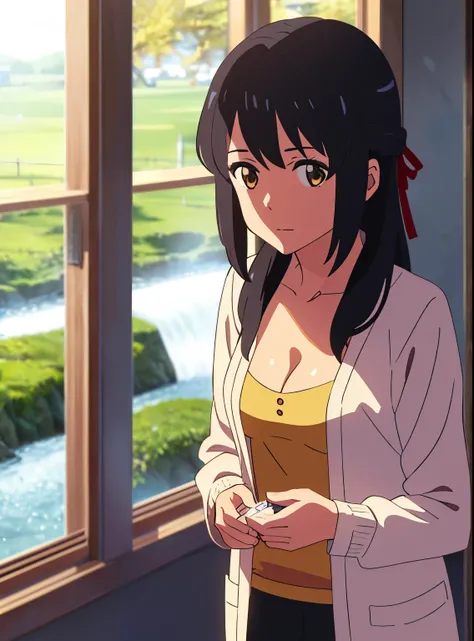 shinkai makoto, kimi no na wa., 1girl, bangs, black hair, brown eyes, waterfall braid, red ribbon, long hair, long sleeve light yellow cardigan, open shirt, yellow shirt, cleavage, breast, medium breast, solo, looking at the viewer, indoors, mall, saleswom...