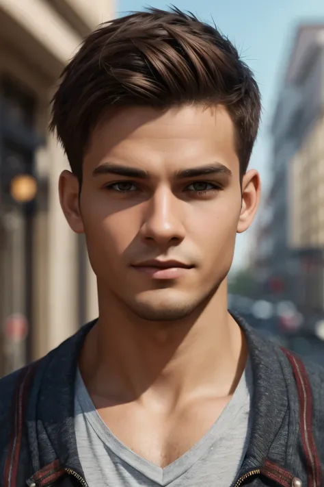 Generate a highly realistic AI-generated image of a young man in casual attire. Emphasize natural details and authenticity in facial expressions, clothing textures, and overall appearance for a lifelike representation.