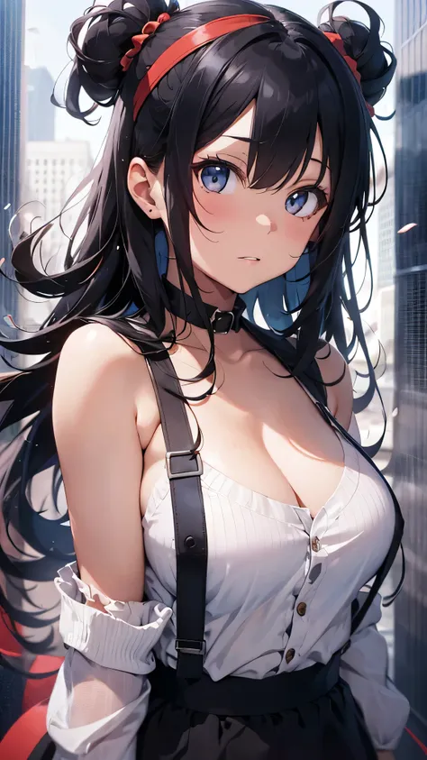 最high quality、best image quality、masterpiece、teenage girl((18-year-old、 By becoming、vest bust、medium bust,wide open breast tea、black eye, black hair、long hair、thin,highest valley、red headband、Cool costumes)),high quality、beautiful art、background((cyber gym...