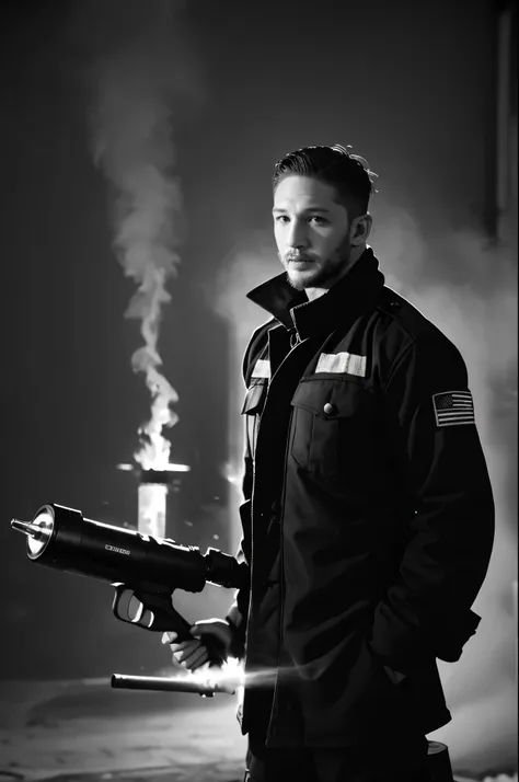 (black and white photo shoot), (firefighter actor tom hardy is extinguishing the fire), tom hardy (holding a super large air gun...