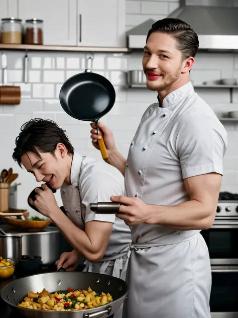 (black and white photo shoot), (michelin chef actor tom hardy is stir frying), tom hardy (carrying a super large frying pan: 1.3...