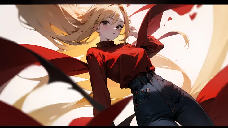 1girl, long loose blonde hair, black eyes, wearing plain red shirt, long black denim, nature, absurdres, high res, ultrasharp, 8K, masterpiece, looking at viewer