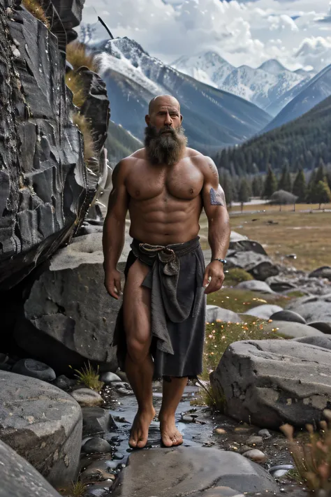 Masterpiece, best quality), 8k wallpaper, high detail, with a bald upper part of the head, the professor is naked of a completely full physique with a shaman of the northern peoples, the professor holds a large black shapeless rocky stone, against the back...