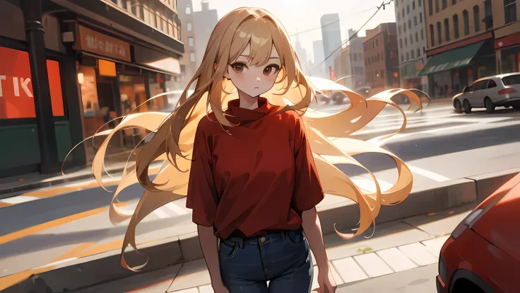 1girl, long loose blonde hair, brown eyes, wearing plain red shirt, short denim, city, absurdres, high res, ultrasharp, 8K, masterpiece, looking at viewer