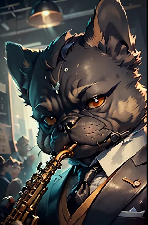 (man in black suit and tie)Cartoons playing the saxophone intensely、anthropomorphic french bulldog