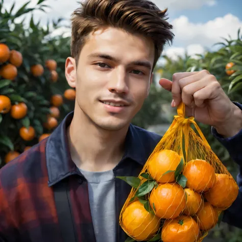 smiling man holding a net bag of oranges in front of orange trees, holding a tangerine, oranges, profile pic, high quality portr...