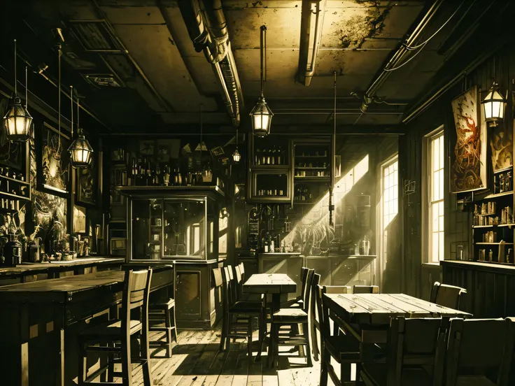 ((dark tentacle in biopunk style)), (horror art), Dark lighting, (cold light), black oil liquids, Dark Fantasy, dark empty tavern refuge, Gloomy Kitchen, Old table, A few chairs, drawers and cabinets, boarded up windows, Dark Fantasy environment, very deta...