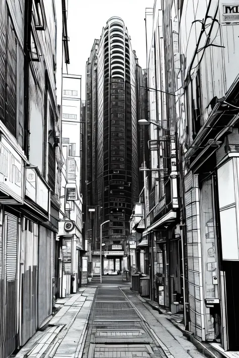 ​masterpiece, top-quality, , cyberpunked, a street, monochromes, line-drawing