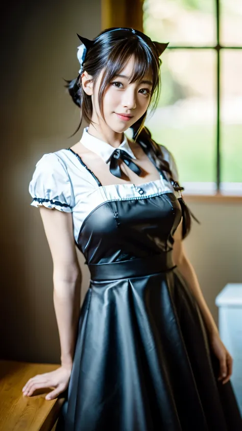 arafed asian woman in a maid outfit posing for a picture, japanese maid cafe, gorgeous maid, maid clothes, wearing a maid outfit, anime girls in maid costumes, cosplay of a catboy! maid! Dress, maid, maid dress, shikamimi, narumi kakinouchi, , sakimichan、(...