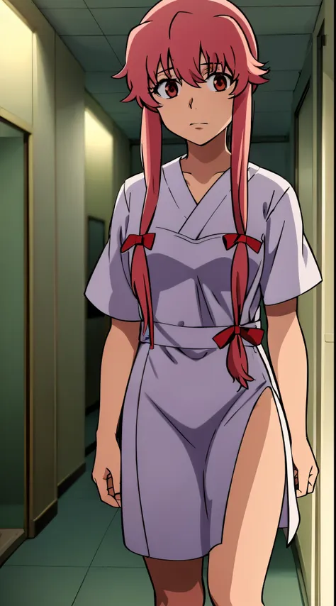 anime_still, yuno gasai stands in the center of a (hospital gown:1.5), her red eyes reflecting her insanity. surrounding her is ...