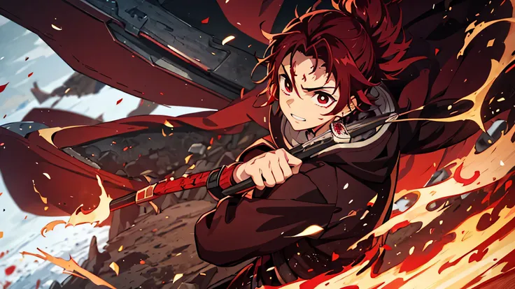 Anime, manga, Boy, Medium-length scarlet red hair in a paddle, Scarlet red eyes, Black hoodie and overcoat a Japanese haori with a scarlet red firestorm pattern, with two katanas and revolver attached to the belt, red glasses with tinted glass in red, scar...