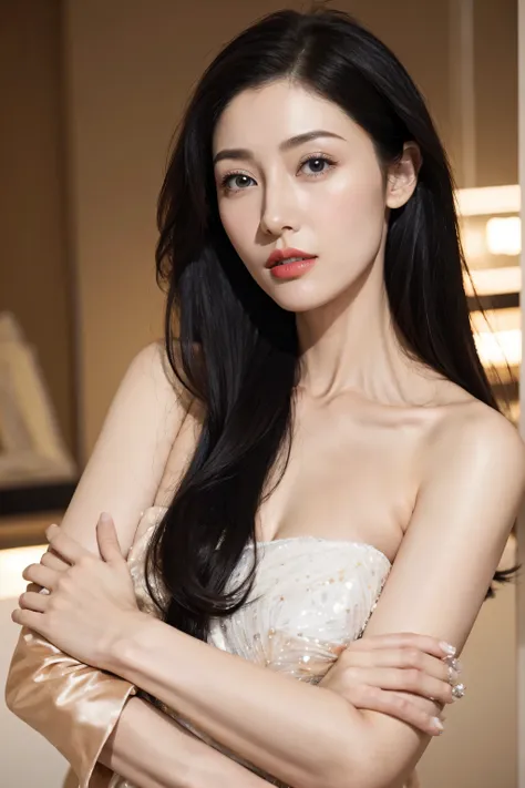 top quality、ultra high resolution、(realism:1.4)、normal,charming beauty,huge 、looking to the front_exist_audience、Detailed facial details、beautiful and delicate eyes、long hair、black eyes、thin、charming look、(cosmetic:0.3)、red lips、The clothes are very meticu...