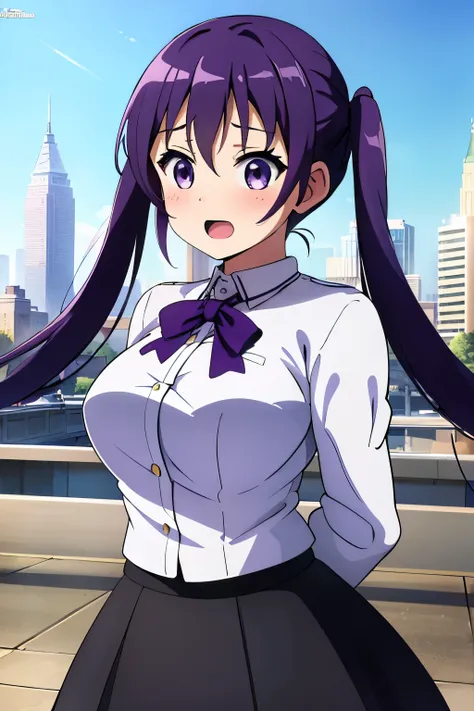 ((highest quality)), (masterpiece), purple hair, long hair, twin tails, purple eyes, bangs, blush, hair between eyebrows, (laugh...