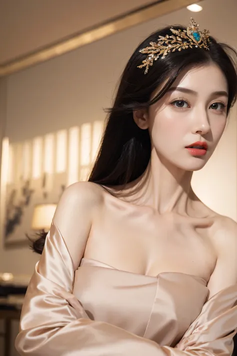 top quality、ultra high resolution、(realism:1.4)、normal,charming beauty,huge 、looking to the front_exist_audience、Detailed facial details、beautiful and delicate eyes、Charming black eyes、thin、charming look、(cosmetic:0.3)、red lips、The clothes are very meticul...