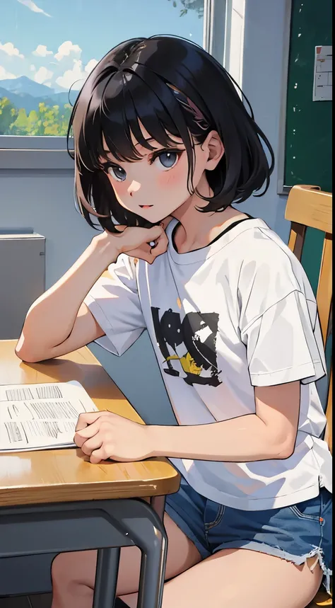 (child)，（masterpiece，Top quality)，White plaid shorts，short sleeve，black hair，classroom，art