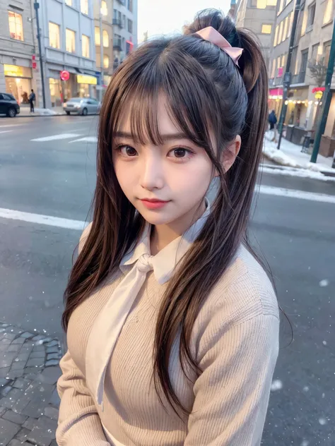 blush,Long hair with a ponytail,big ribbon in her hair,(8k, original photo, best quality, Pianfei:1.2), (Reality, lifelike:1.4), (Highly detailed 8k wallpaper),  keen focus, Writing limit depth, Cinema lighting, soft light, Delicate and beautiful eyes,Shin...