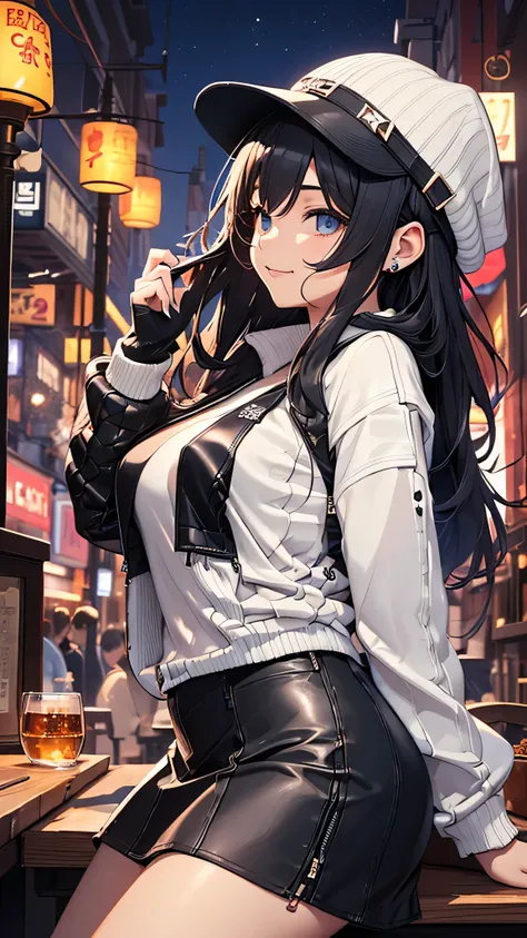 最high quality、best image quality、masterpiece、teenage girl((18-year-old、 By becoming、vest bust、medium bust,wide open breast tea、black eye, black hair、long hair、thin,highest valley、black hoodie(2:3),white skirt、sit、open thighs、cute blue hat、leaning forward(2...