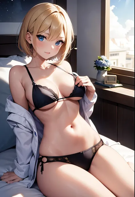 High resolution, 2D anime style,,blue eyes beautiful eyes,high and beautiful nose,Skinny face,boyish blonde short hair,Cool adult woman,beautiful clock,Chest is slightly larger,she looks very sleepy,biting one&#39;s lips, she was very angry, blush,she narr...