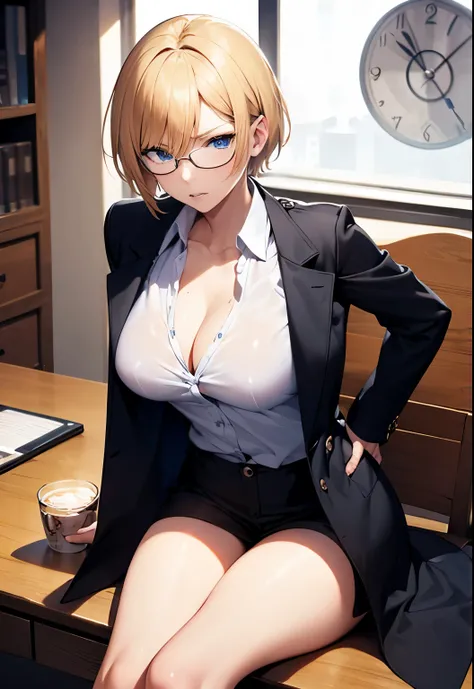 High resolution, 2D anime style,blue eyes beautiful eyes,high and beautiful nose,Skinny face,boyish blonde short hair,Short up-hair,cool woman,beautiful clock,Chest is slightly larger,she looks very serious,biting one&#39;s lips, she was very angry, she na...