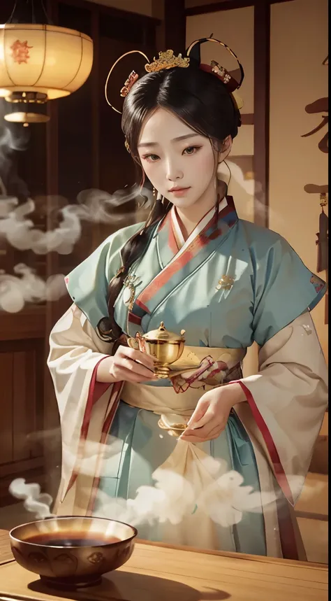 nobles in traditional costumes (hanbok) for the Tea Ceremony in Korea 1392. Steaming Tea Cup, Slowly Rising Steam, Delicate Porcelain Tea Cup, Tea Aroma, Gentle Rising Steam, Infused to Perfection, Stirring Spoon, Sugar Cubes, Delicate Teapot, Meticulously...