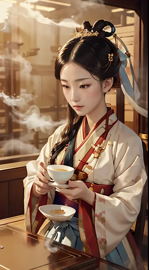 nobles in traditional costumes (hanbok) for the Tea Ceremony in Korea 1392. Steaming Tea Cup, Slowly Rising Steam, Delicate Porcelain Tea Cup, Tea Aroma, Gentle Rising Steam, Infused to Perfection, Stirring Spoon, Sugar Cubes, Delicate Teapot, Meticulously...