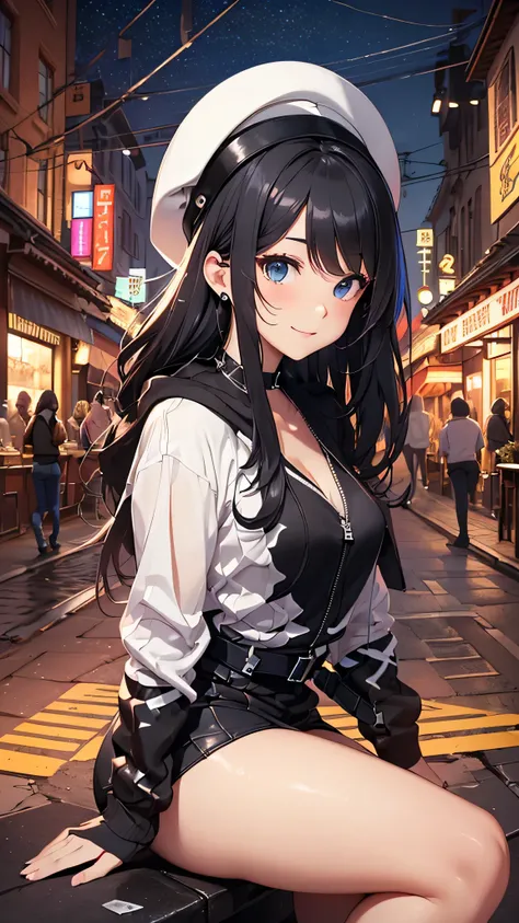 最high quality、best image quality、masterpiece、teenage girl((18-year-old、 By becoming、vest bust、medium bust,wide open breast tea、black eye, black hair、long hair、thin,highest valley、black hoodie(2:3),white skirt、sit、open thighs、cute blue hat、smile、put your ha...