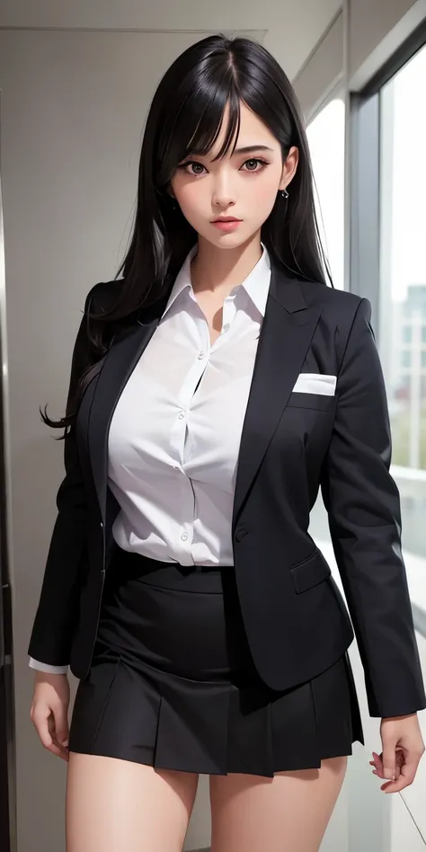 1girl,big breast, black hair, purple eyes,high quality, ultra detailed, masterpiece, realistic,white shirt, black skirt , school clothes , black blazer 