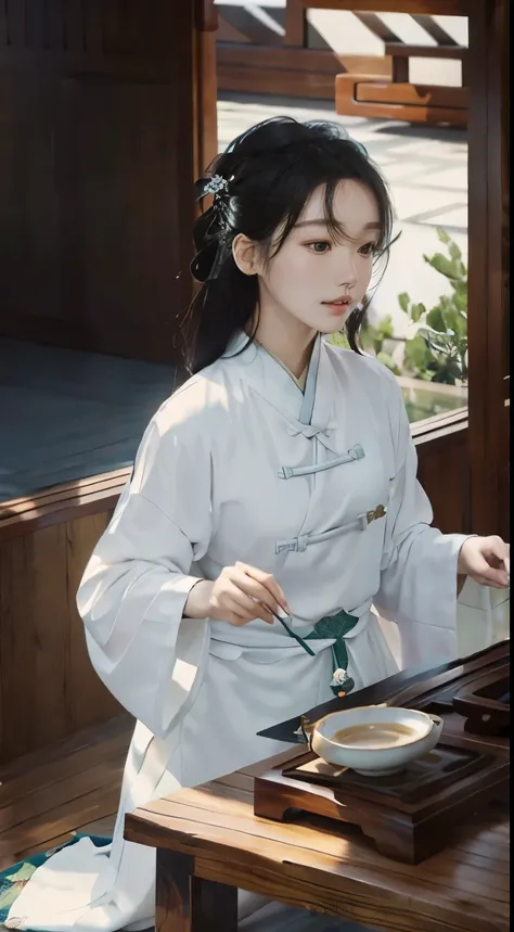 nobles in traditional costumes (hanbok) for the Tea Ceremony in Korea 1392. Steaming Tea Cup, Slowly Rising Steam, Delicate Porcelain Tea Cup, Tea Aroma, Gentle Rising Steam, Infused to Perfection, Stirring Spoon, Sugar Cubes, Delicate Teapot, Meticulously...