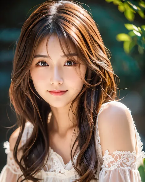 beautiful japanese woman　fine hair with complex colors　brown hair　long hair　delicate and beautiful eyes　smooth soft skin　gentle smile　white lace dress　stream　Asahi　professional photographer　professional lighting