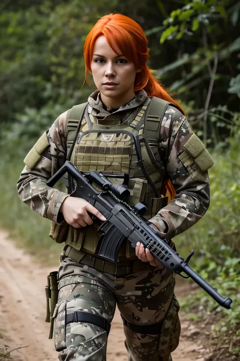 A beautiful sexy orange-haired woman, in combat gear hunting at Predator.