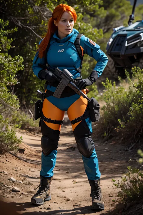 A beautiful sexy orange-haired woman, in ice-blue combat gear searching for a big predator.