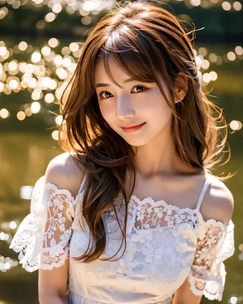 beautiful japanese woman　fine hair with complex colors　brown hair　long hair　delicate and beautiful eyes　smooth soft skin　gentle smile　white lace dress　standing on a small river　Asahi　professional photographer　professional lighting