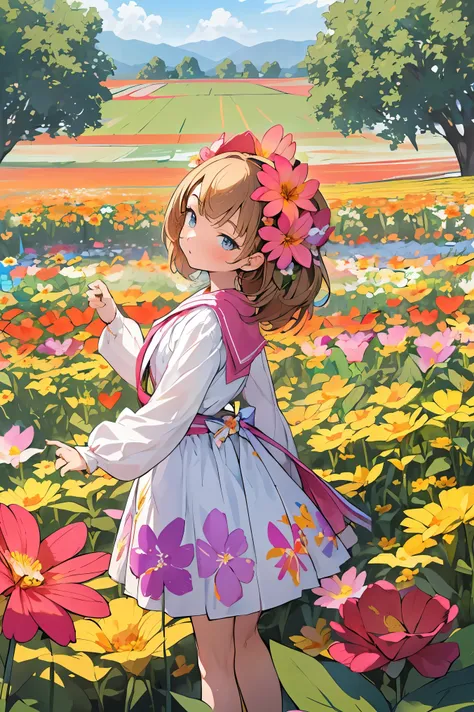 absurdres, highres, ultra detailed, (girl:1.3), 
BREAK
(, Design a flower field setting, with blooming flowers, vivid colors, and a sense of growth and renewal.:1.6)