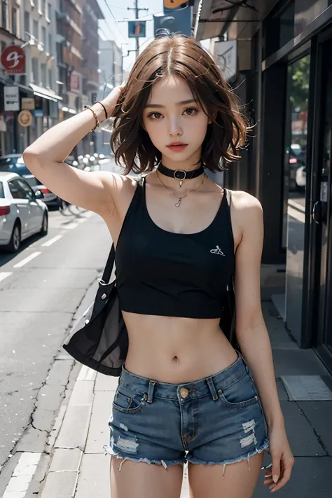 ((medium breast, tomboy girls, small head)), daylight, sunlight, (chiseled abs : 1.1), (perfect body : 1.1), (short wavy hair : ...