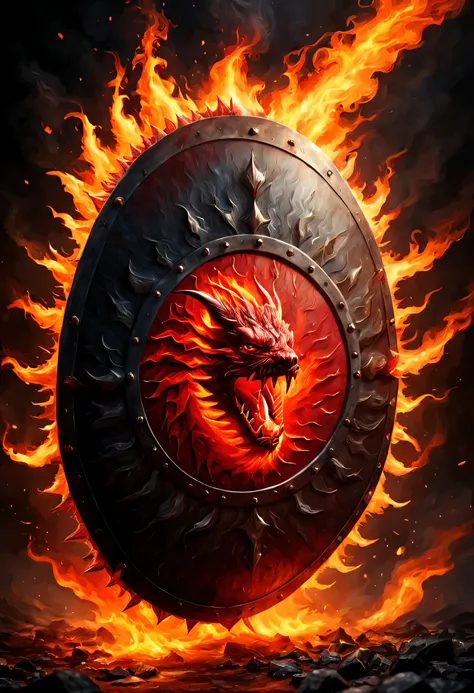 antasy art, dnd art, RPG art, wide shot a picture of a (shield: 1.5) with a red dragon head breathing fire, high details, best quality, 16k, [ultra detailed], masterpiece, best quality, (extremely detailed), close up, photorealistic, RAW, fantasy art, dnd ...