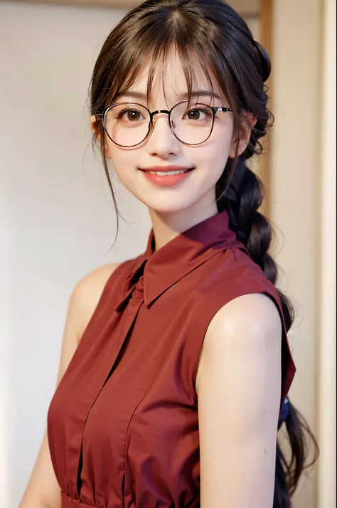 Top quality, one beautiful woman, 20 years old, 35mm lens, f/1, dark brown eyes, glasses, braids, black hair, pale skin, medium chest, slendar body, (look at viewer:1.5), (smile:1.5), office shirt, white, dress shirt