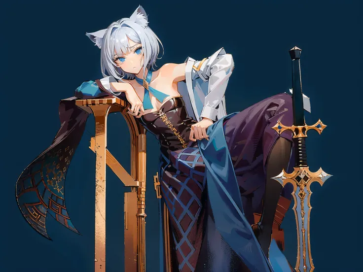 Prompt words：（masterpiece，best quality）detailed，People table，Character sheet，Lots of items（the same person，Many western knight swords，leg slit one piece long skirt，Swordsman，bare skin，many parts），Cat-eared girl，no human ears，cat tail，shoulder-length short ...