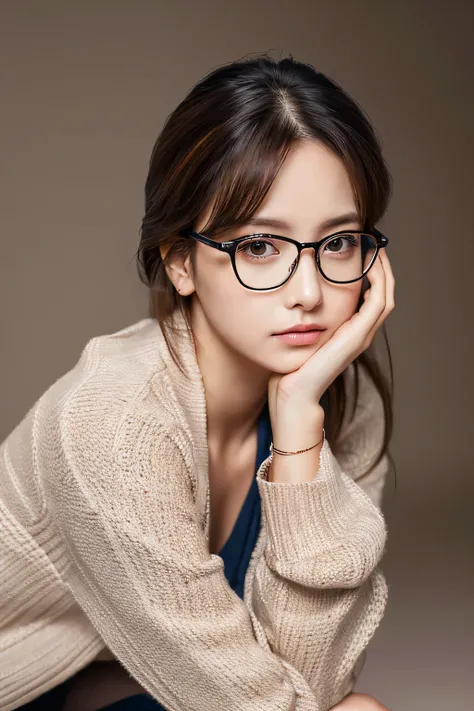 Hyper-Realism, (Photorealsitic:1.4), 8K, maximum resolution, (​masterpiece), highly detailed, Professional, best quality, Refined face, beautiful woman, beautiful face, idol face, full body, whole body, Cardigan and glasses, Intellectual crossed-legs pose,...