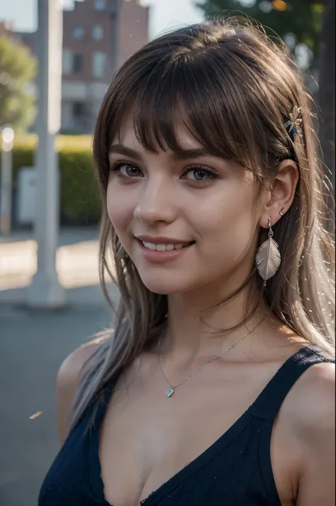 UHD, masterpiece, textured skin, super detailed, high quality, award wining, best quality, en plein air, cinematic lighting, silver hair, feather hair ornament, purple eyes, earrings, light smile, high school girl, close-up