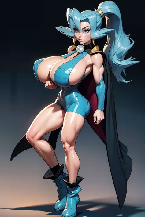 (3d render), Generate an illustration of a mature Clair, gym leader of pokemon,  ponytail, holding a poke all,  de terno preto, long hair, hair flows straight down, darkblue hair, (gigantic breasts:1.4), blue outfit in anime format with a serious style, (b...