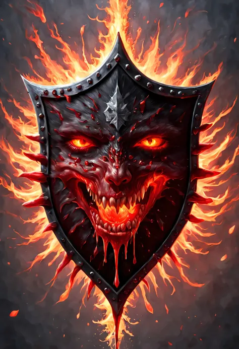 antasy art, dnd art, rpg art, wide shot a picture of a (shield: 1.5) with a female vampire head, blood dripping, vampiric fangs,...