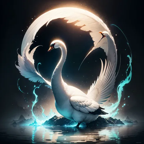 an image of a beautiful swan, in the style of energy-filled illustrations, dark snow white and light pearl, dark lake blue and dark shadow gray, Caras Ionut, mystic symbolism, fisheye effects