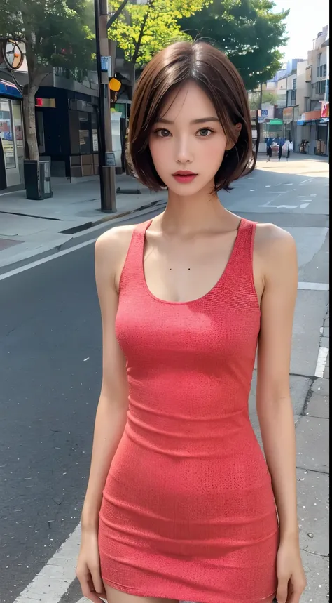 ((Highest image quality、8k、masterpiece：1.3))、whole body、Clear focus：1.2、Beautiful woman with outstanding style：1.4、slender abs：1.2、short hair、tank top dress:1.1、(neon、street:1.1)、Highly detailed face and skin texture、detailed eyes、double eyelid